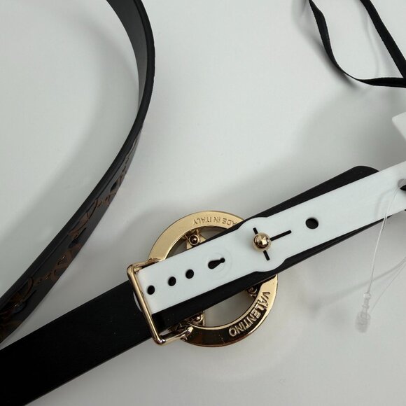 NEW VALENTINO AUTHENTIC MONOGRAM THIN LEATHER BLACK BELT​​ GOLD BUCKLE SMALL